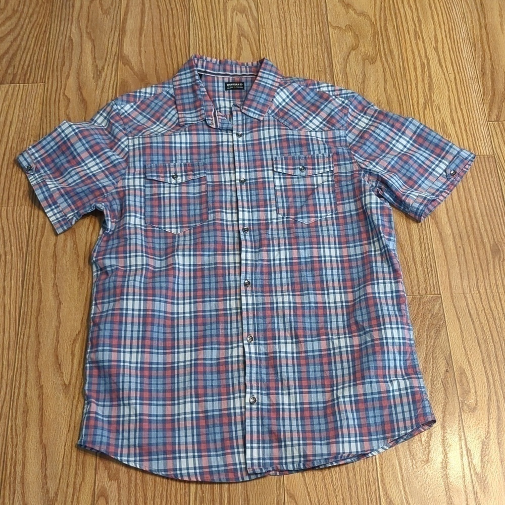 Buffalo David Bitton pink, blue and white plaid short-sleeve button-up shirt, XL